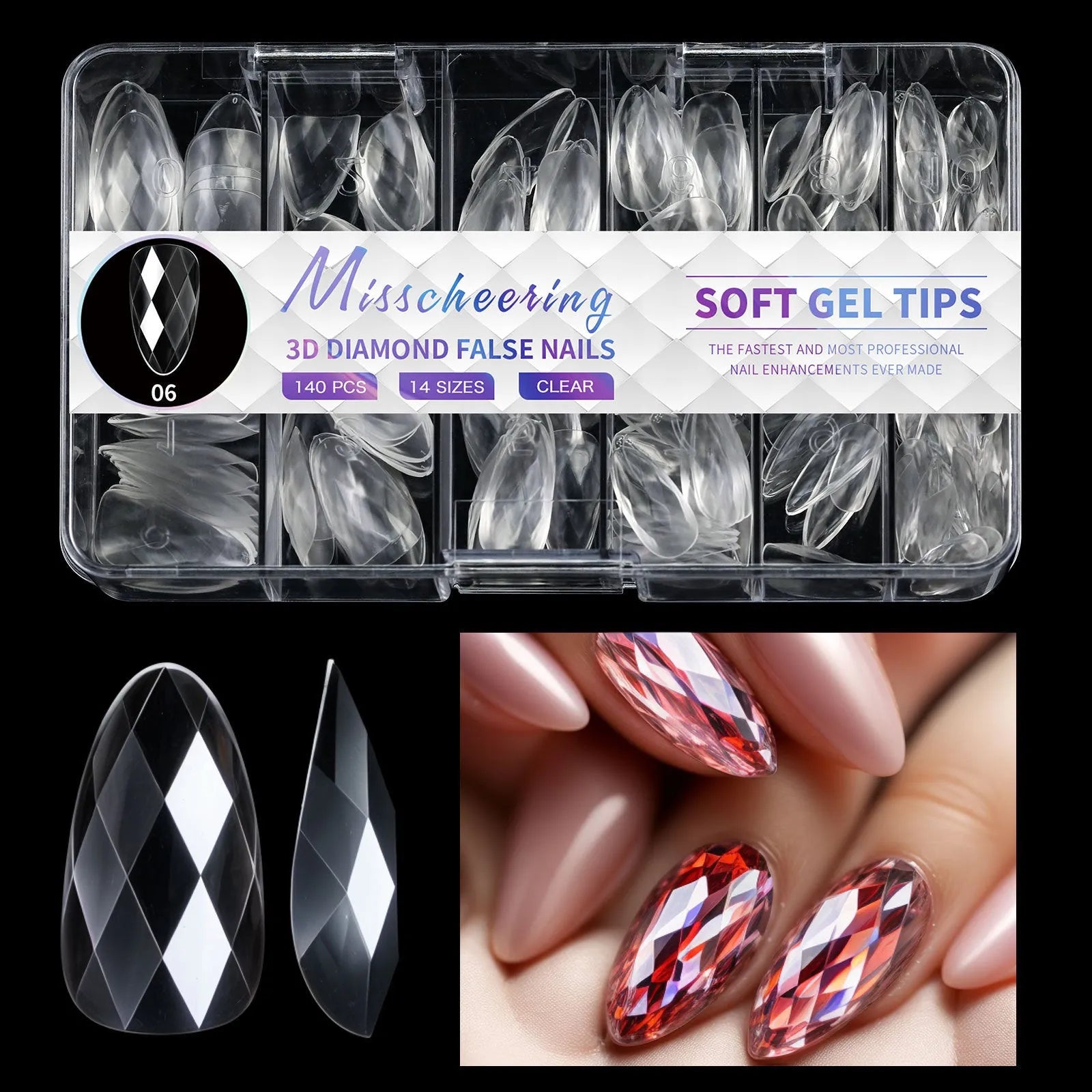 3D diamond pattern long nail tips in glitter colours for nail art enhancement