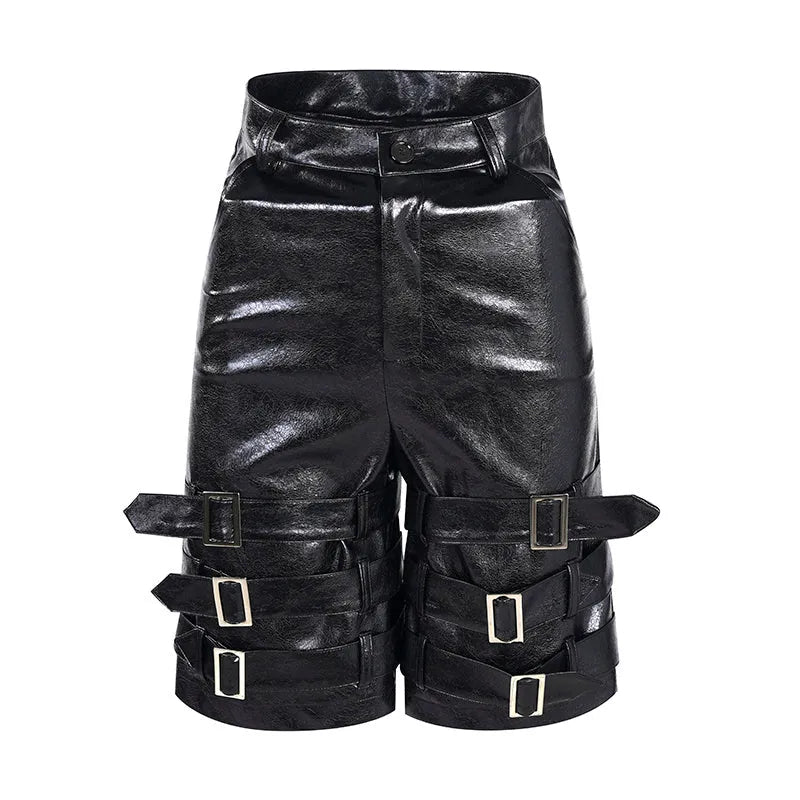Men's black PU leather cropped pants with distinctive ring detailing and stretch fabric