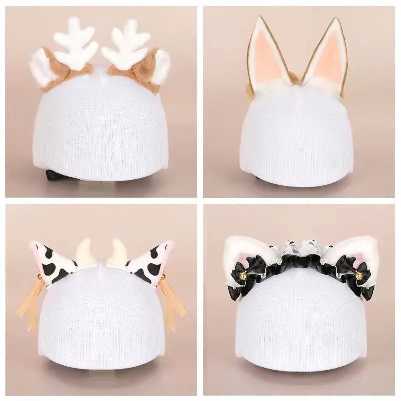 Soft plush cartoon hat decoration designed to stretch over a ski helmet for personalisation.