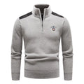 Men's velvet stand collar sweater in thickened fabric, shown in beige, dark grey, black, and navy blue colours.