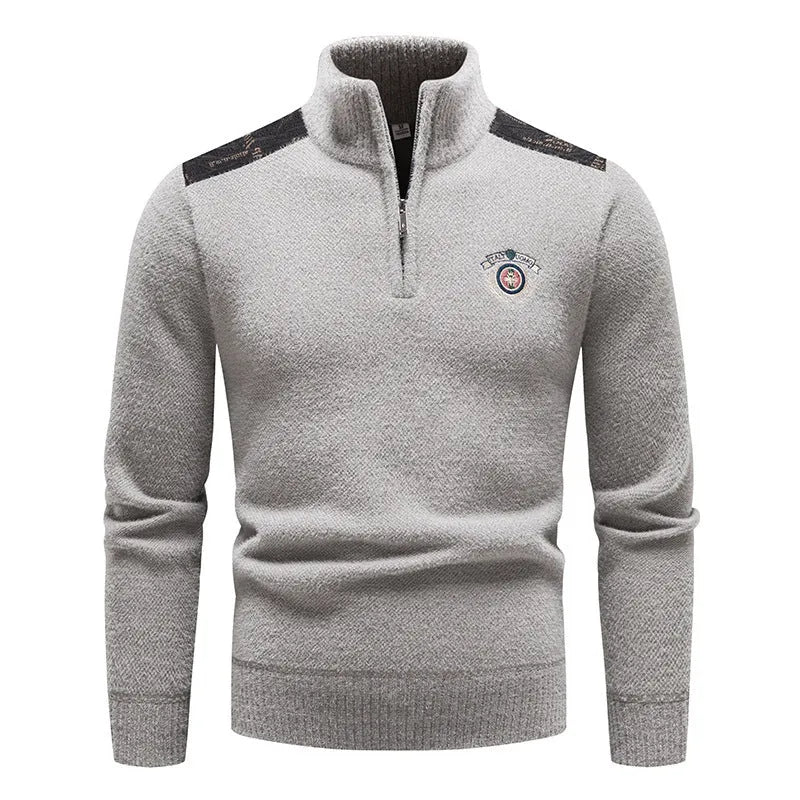 Men's velvet stand collar sweater in thickened fabric, shown in beige, dark grey, black, and navy blue colours.