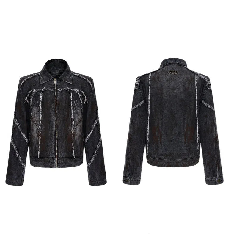 Black distressed denim coat and pants set with padded shoulders and gradient dye pattern