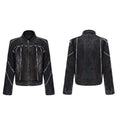 Black distressed denim coat and pants set with padded shoulders and gradient dye pattern