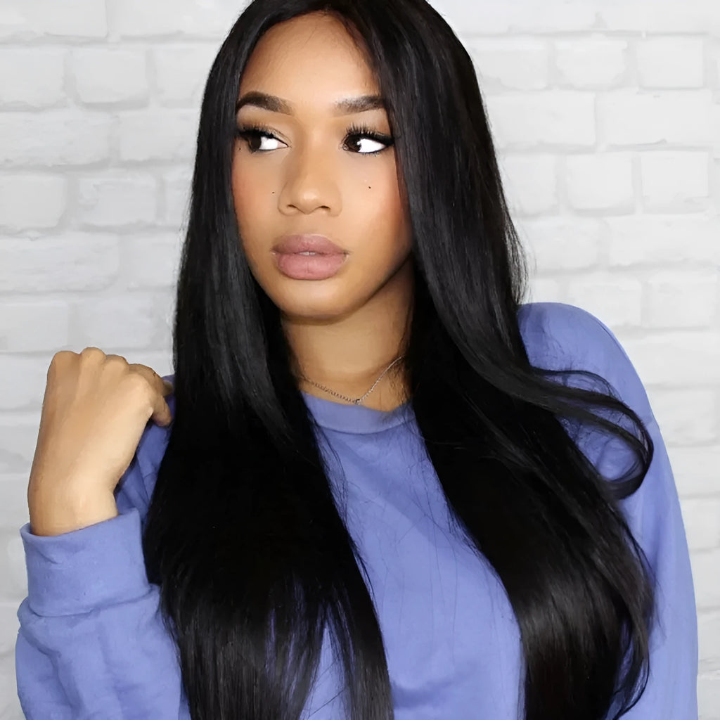 Long straight synthetic wig for women with centre-parted bangs in black colour.
