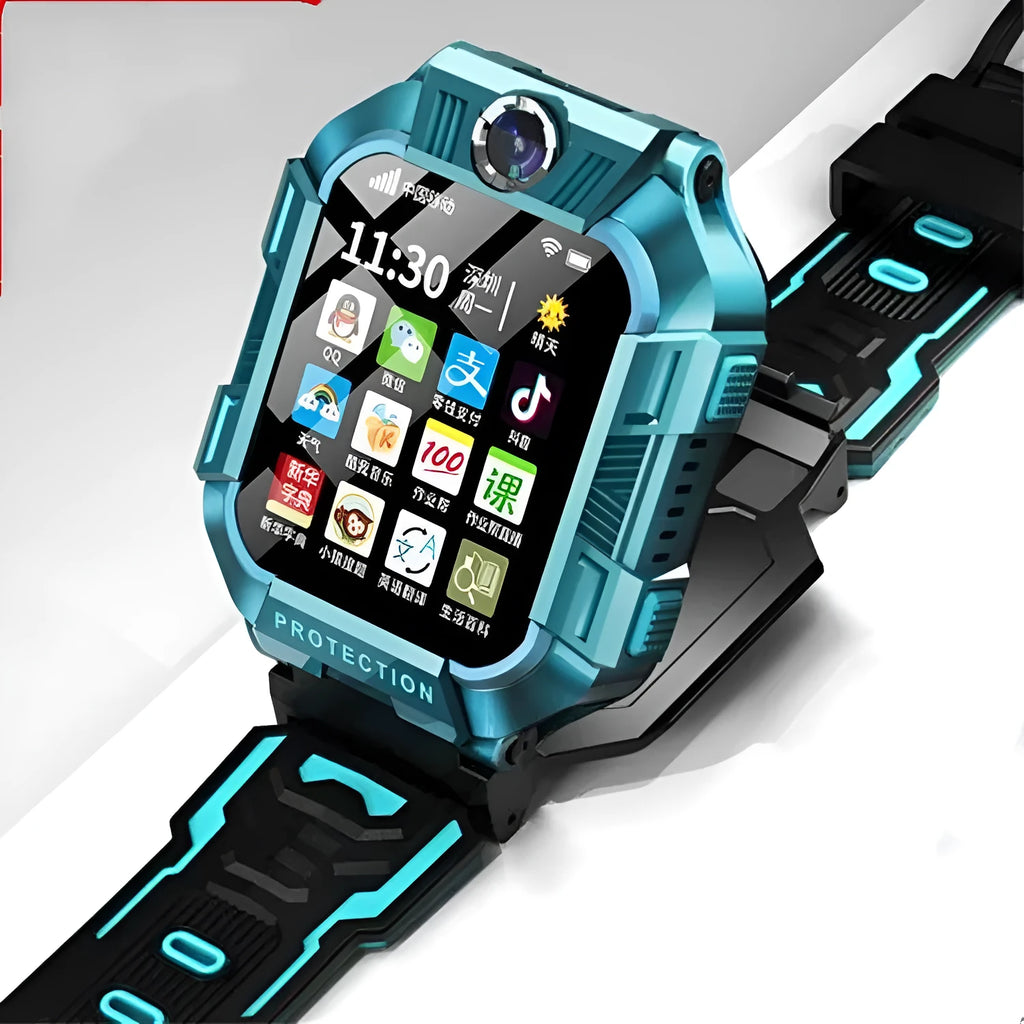Green children's smartwatch with GPS positioning and camera on silicone wristband