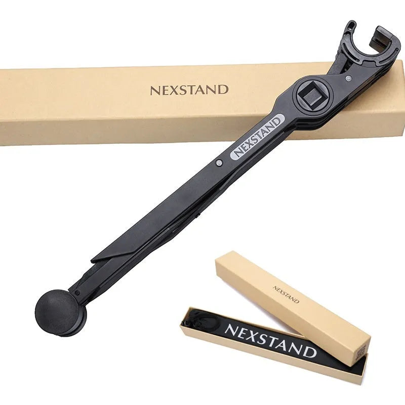 Sagacious black folding laptop bracket stand, shown unfolded to 40cm and next to its carrying case.