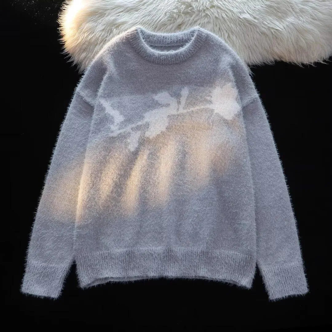 Men's dark rose and horse flocking design casual sweater in apricot colour, long sleeve pullover.