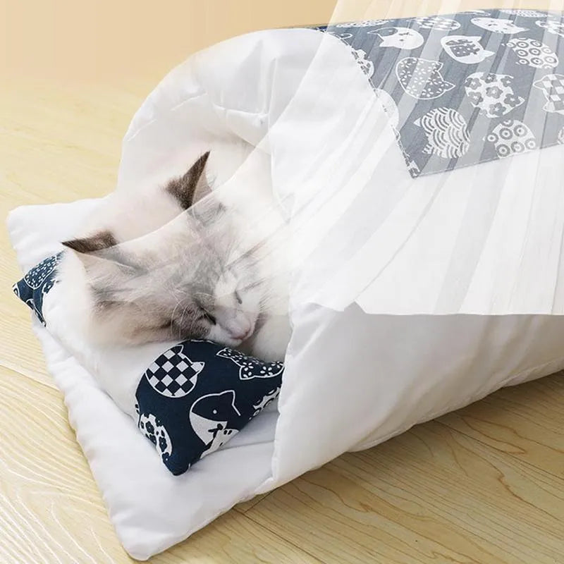 Grey enclosed pet bed for cats and dogs with a removable sleeping bag cover, shown in large size.