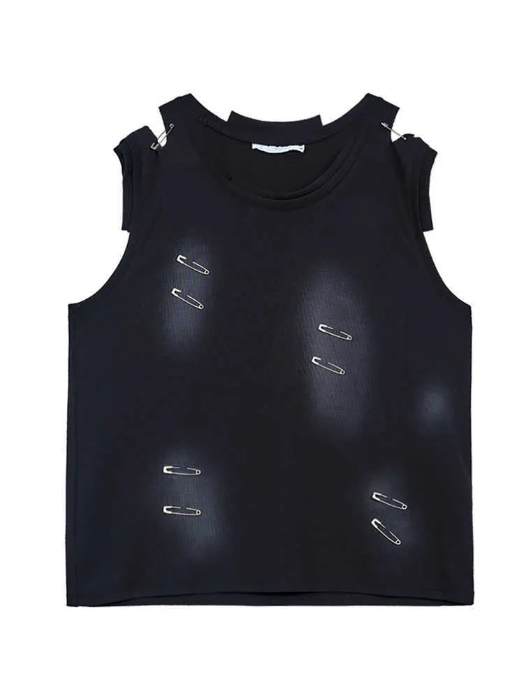 Man's black ripped irregular sleeveless vest t-shirt with asymmetric hem on a plain background.