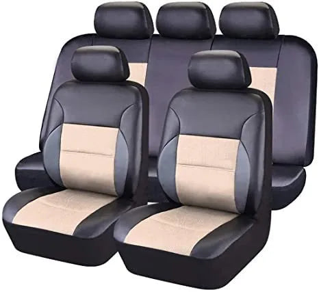 Black artificial leather car seat covers installed on front and rear seats with headrest covers.