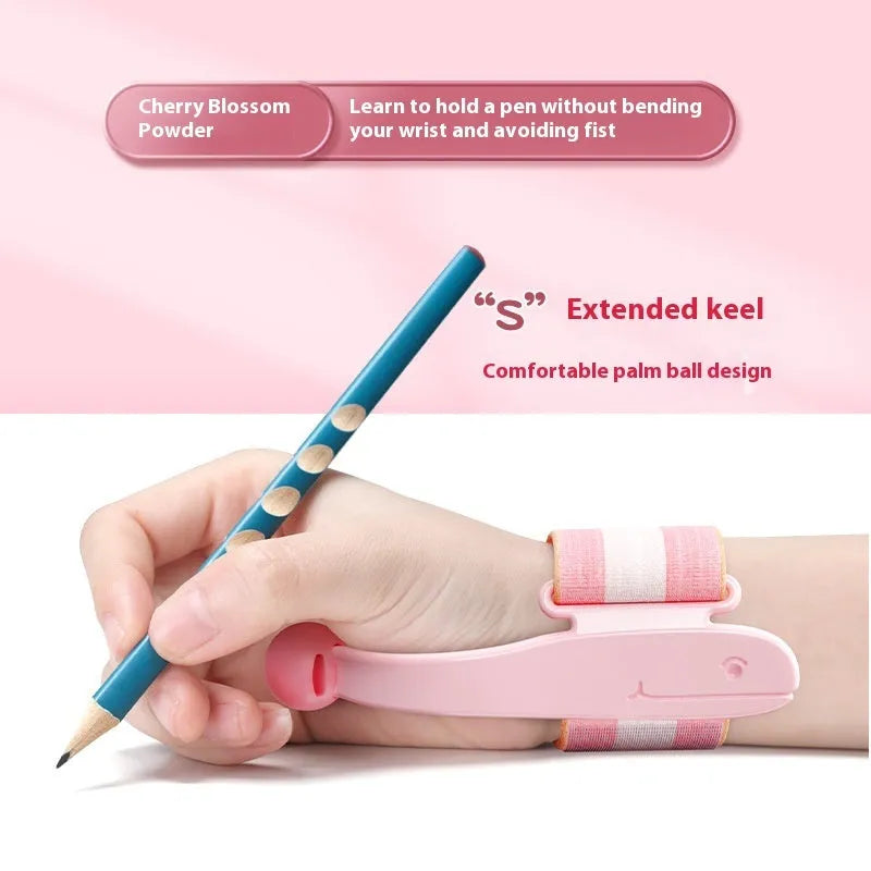 Blue anti-hook pen control corrector wrist brace on a child's hand holding a pencil.