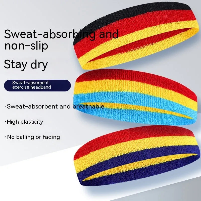Multicolour sports headband for adults, shown in Red Yellow Blue, dimensions 5.5cm by 20cm.