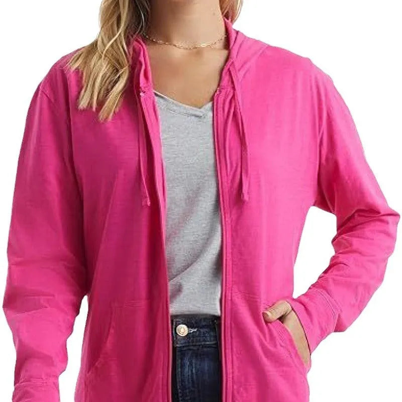 A loose-fit solid colour hoodie sports top shown on a hanger, available in black, white, grey, dark blue, sky blue and dark pink.
