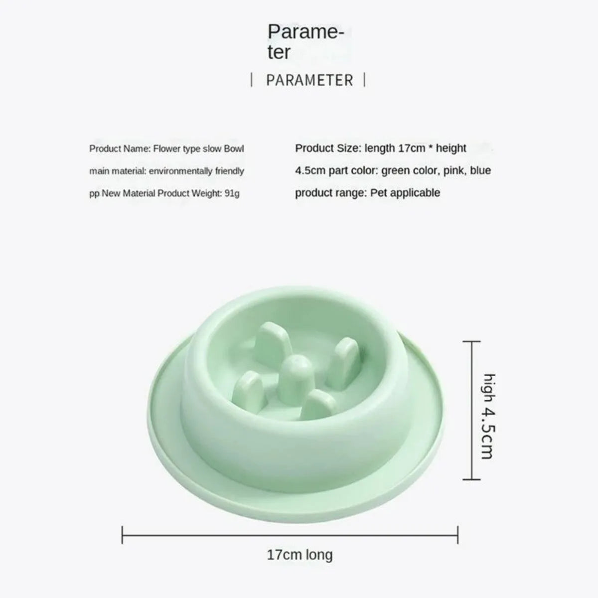 PP plastic pet slow feeder bowl in blue, green, or pink with maze design and non-slip base