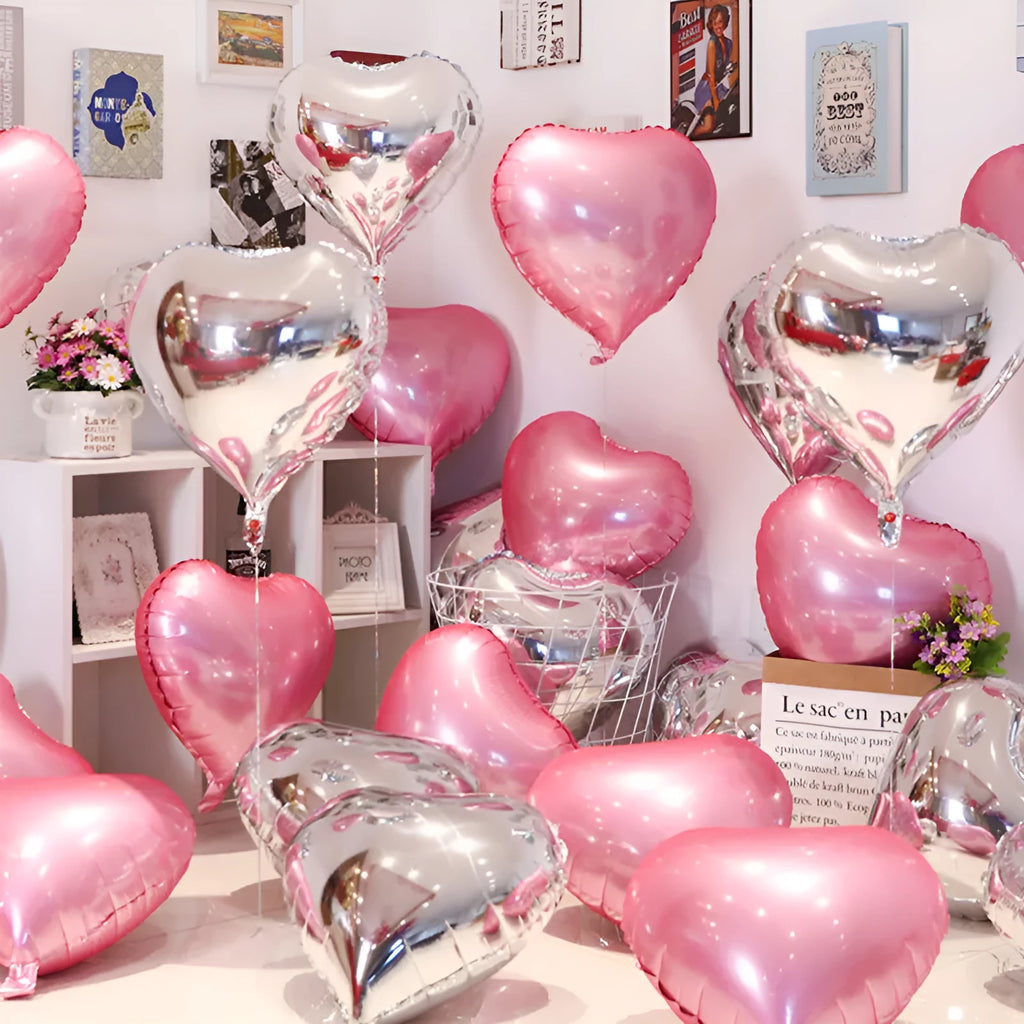 Pack of five metallic peach heart-shaped aluminium foil balloons in chosen colour, shown inflated.