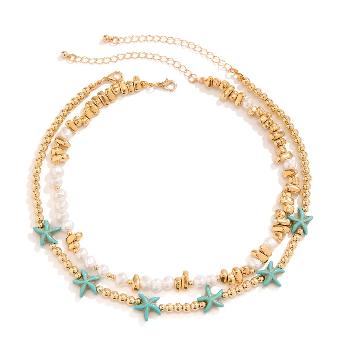 Starfish shell necklace for women, vacation style, ball bead chain, acrylic pendant with five-pointed star and tassel, white colour, set of 2