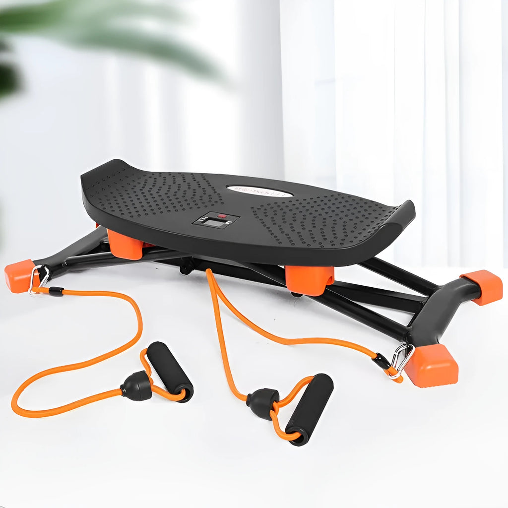 Black mini fitness skiing machine with elastic hand straps for home indoor exercise
