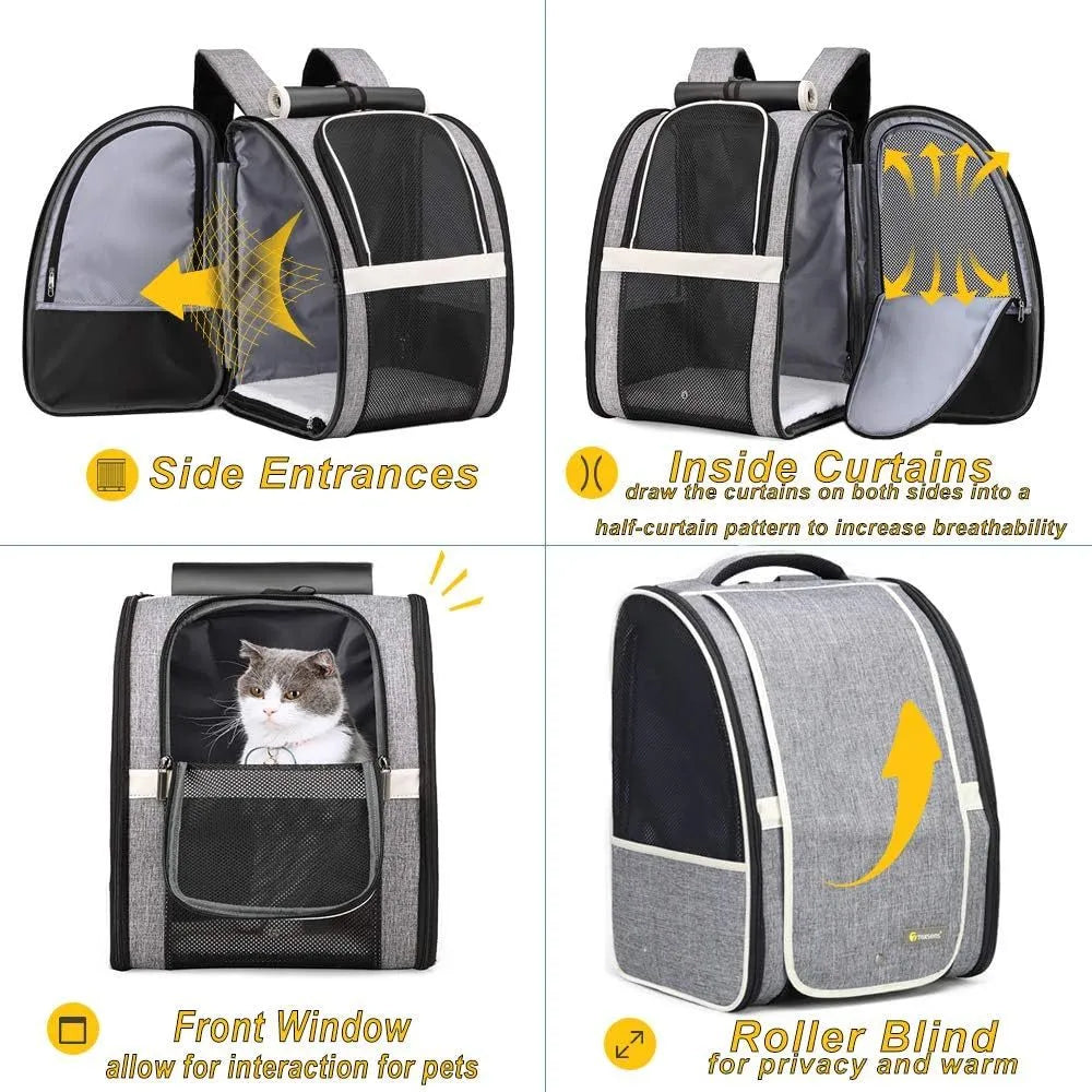 Gray Innovative Traveler bubble backpack pet carrier with PVC mesh windows, side view, for cats and dogs