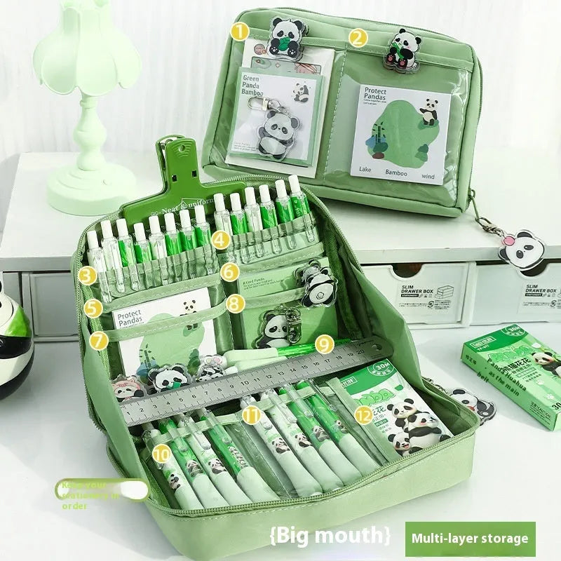 Green Korean style panda pencil case with 12 layers for large capacity stationery storage