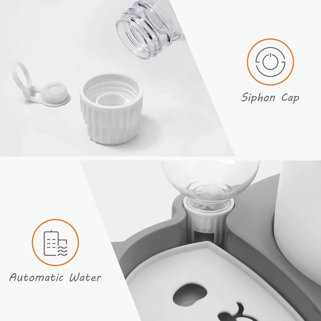 Grey and green panda-shaped elevated pet feeder with tilted stainless steel bowl and automatic water bottle.