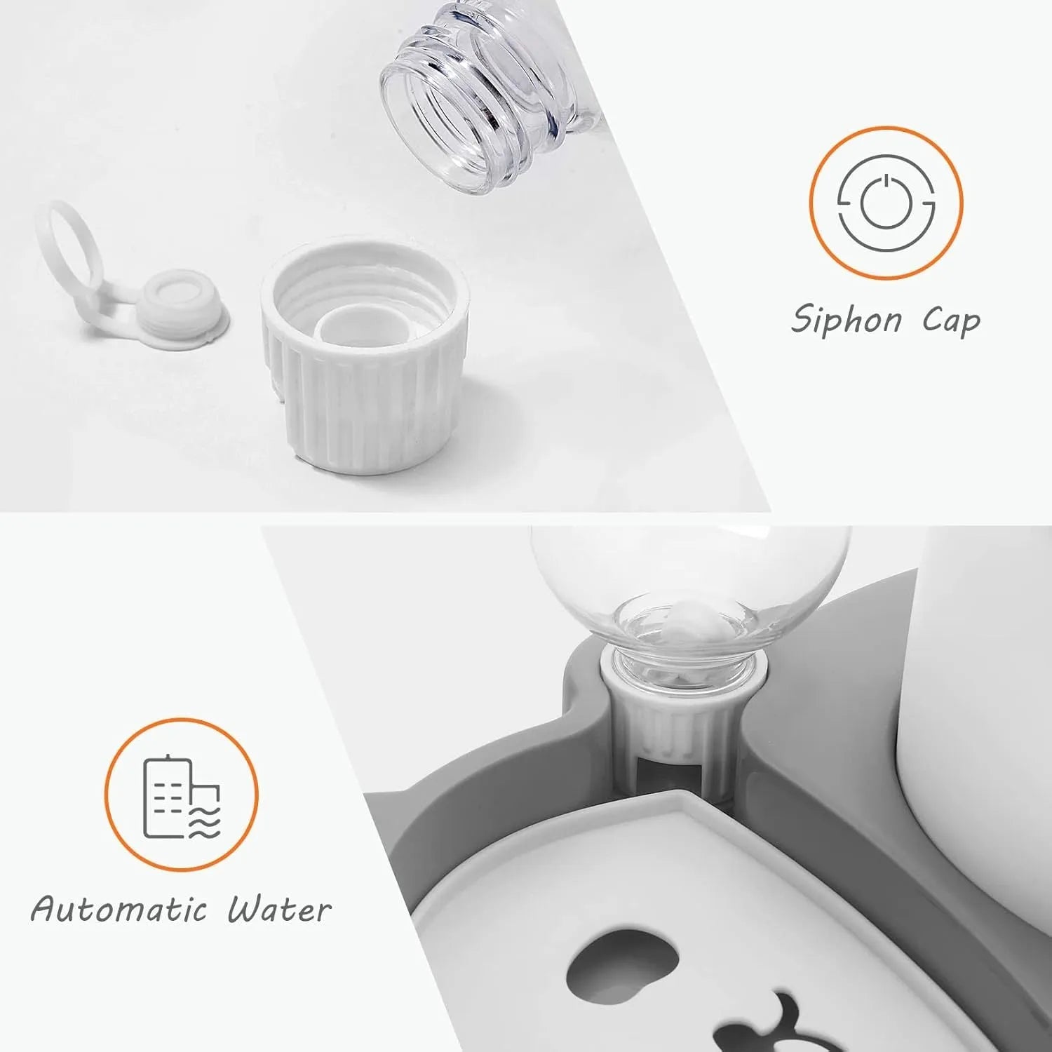 Grey and green panda-shaped elevated pet feeder with tilted stainless steel bowl and automatic water bottle.