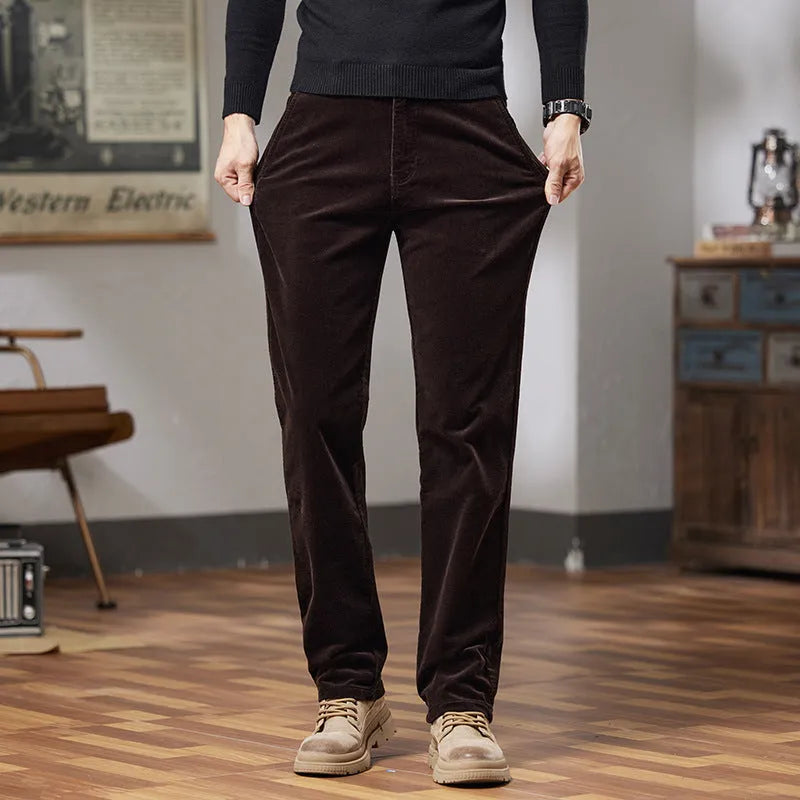 Slim fit straight corduroy trousers in cotton for men, mid waist, available in black, dark gray, navy blue, brown