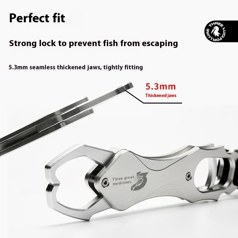 Gray aluminum alloy multifunctional fish tongs with weighing control scale and EVA handle, 288mm