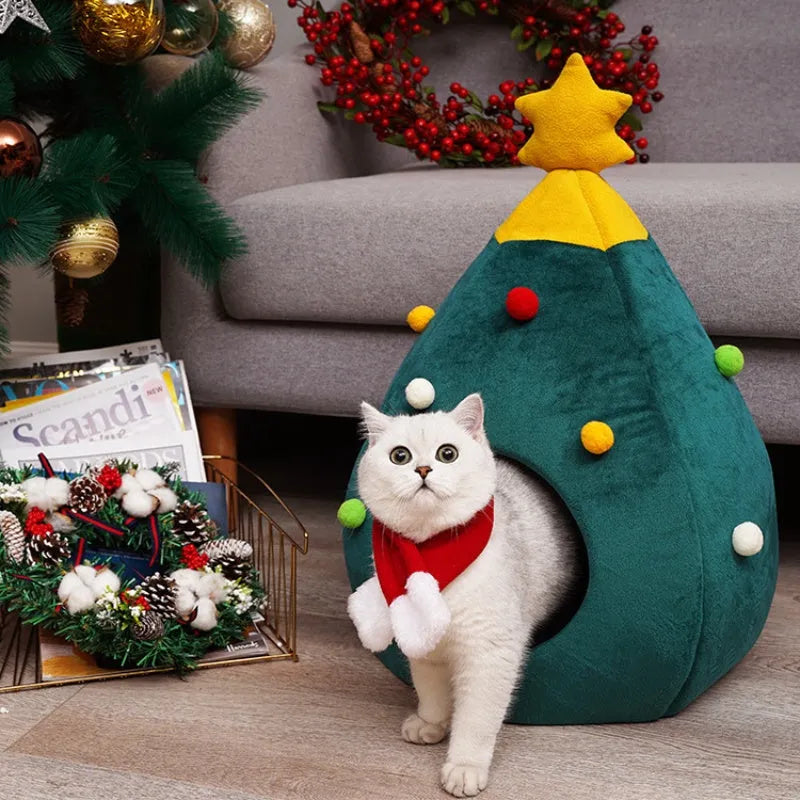 Red Christmas plush cave pet bed for cats and dogs with a washable cover in three sizes.