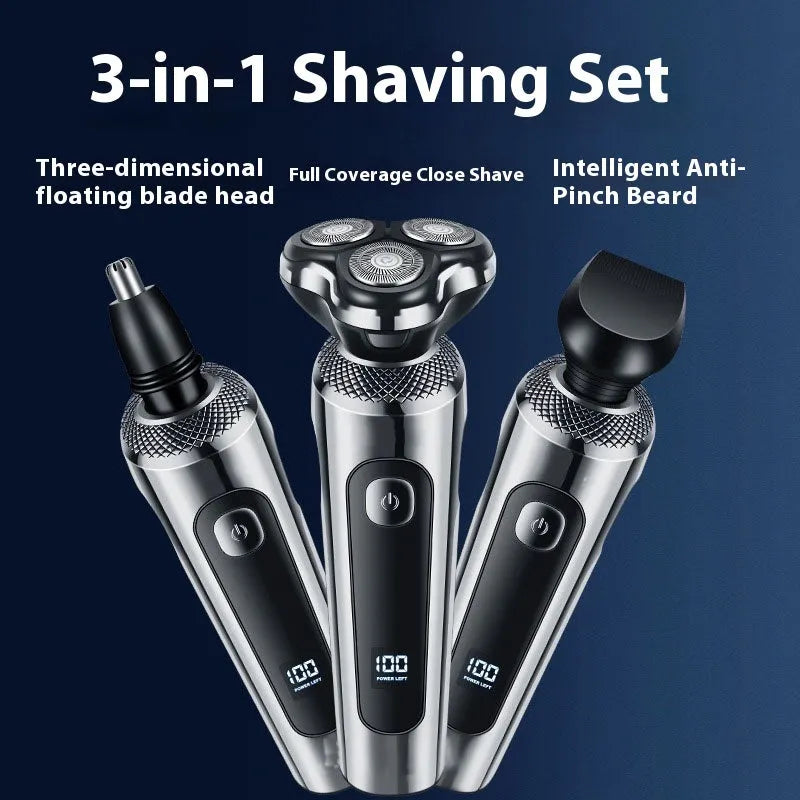 Digital USB rechargeable beard trimmer with LED display on a black base.