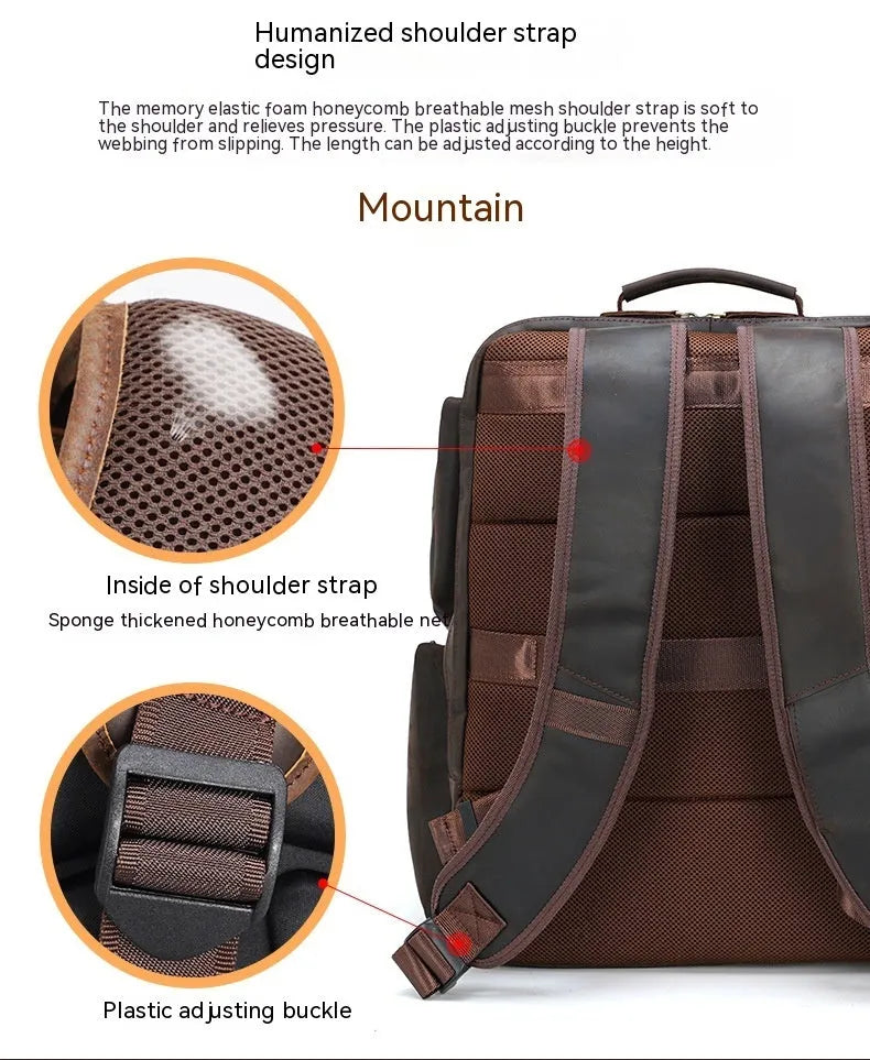 Dark brown genuine leather backpack for a 17-inch laptop, showing multiple pockets and double shoulder straps.