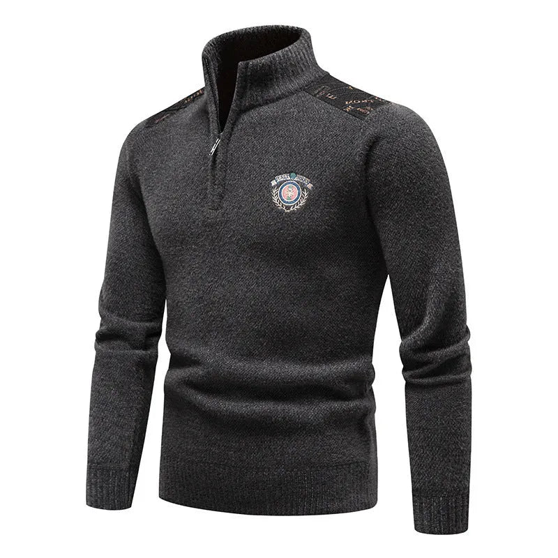 Men's velvet stand collar sweater in thickened fabric, shown in beige, dark grey, black, and navy blue colours.