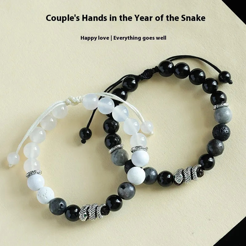 Handmade adjustable agate couple bracelet in black or white with turquoise accents and snake chain