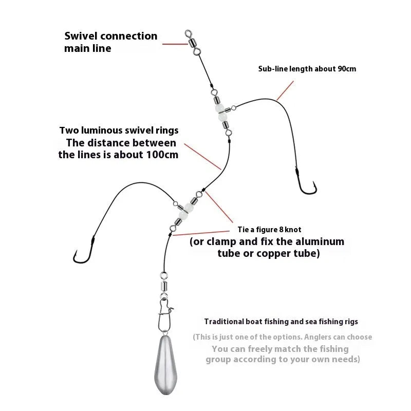 Ten copper fishing swivels with luminous green beads and an eight-ring T-shaped balance fork on a blue background.