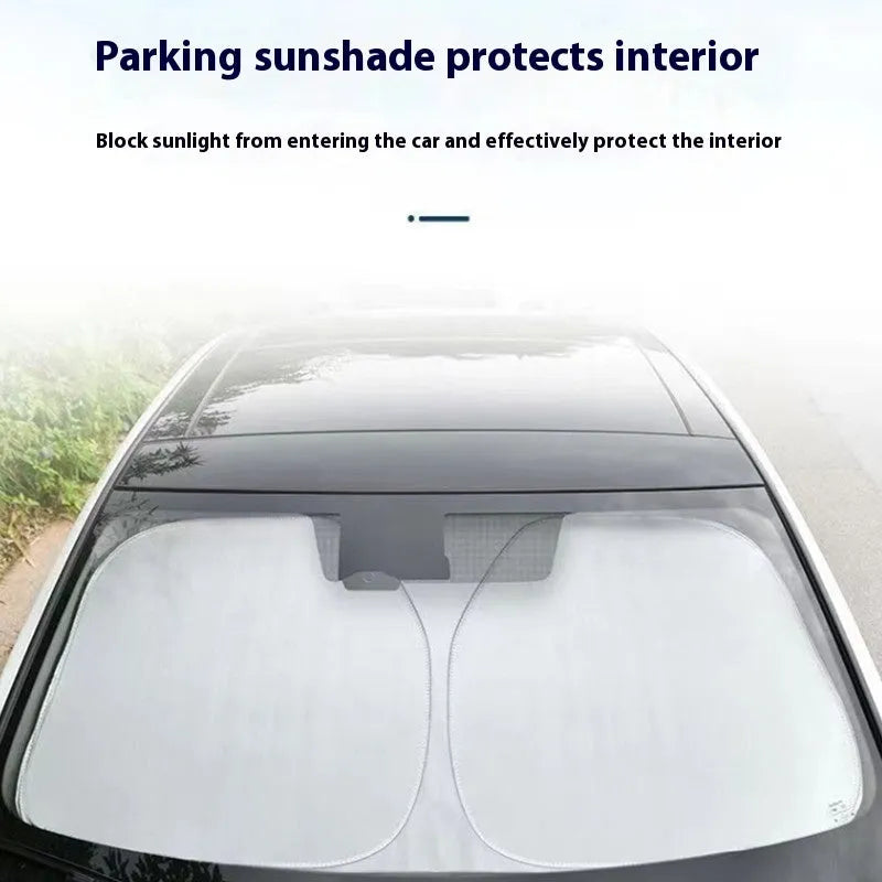 Titanium silver aluminium foil car sunshade folded, showing reflective surface and size options for windscreen heat protection.