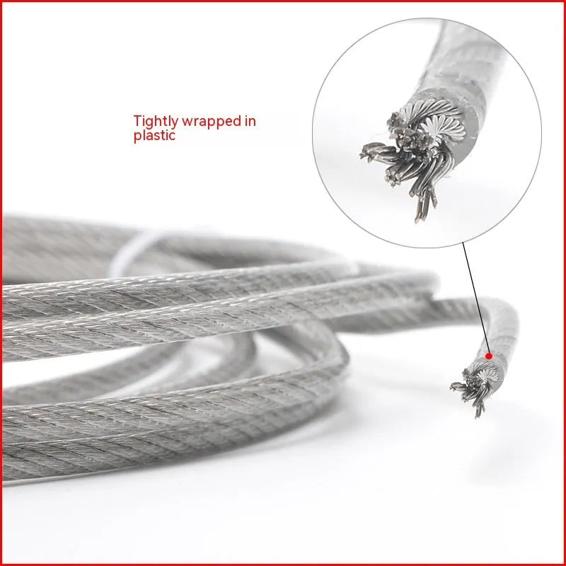 Coiled 304 stainless steel coated security cable with close-up showing multi-strand construction.
