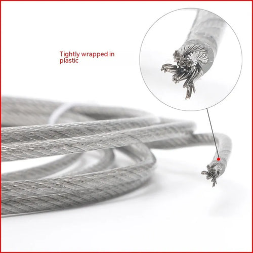 Coiled 304 stainless steel coated security cable with close-up showing multi-strand construction.