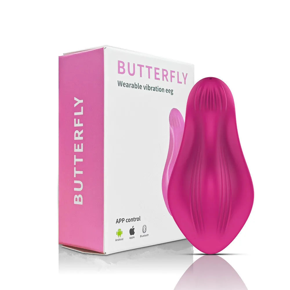 Rose red wearable female massager with cute butterfly design and USB charging port