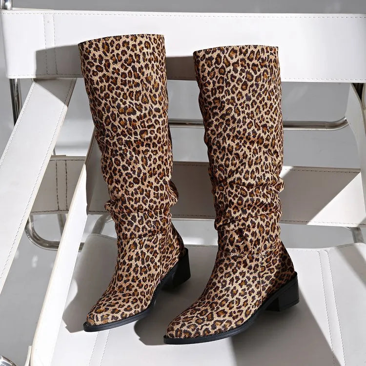 Brown leopard print women's ankle boots with a square toe and chunky block heel.