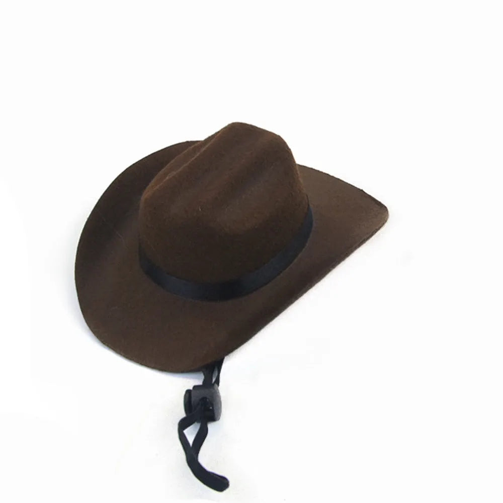 A brown adjustable cowboy hat for a dog or cat, shown on a pet mannequin head.