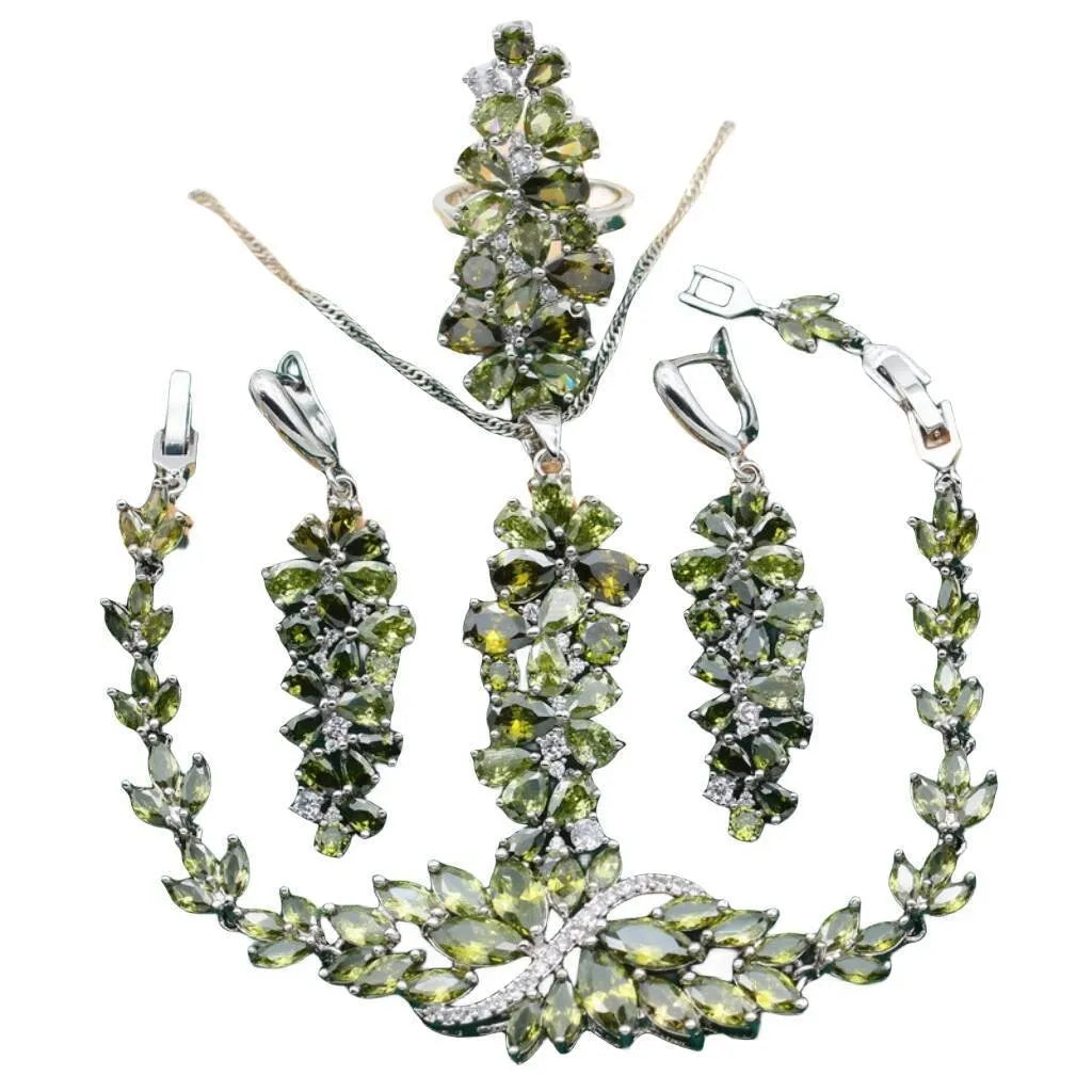 Retro style necklace, earrings, ring, and bracelet set with plants and flowers pattern in olive, purple, and colourful finishes.