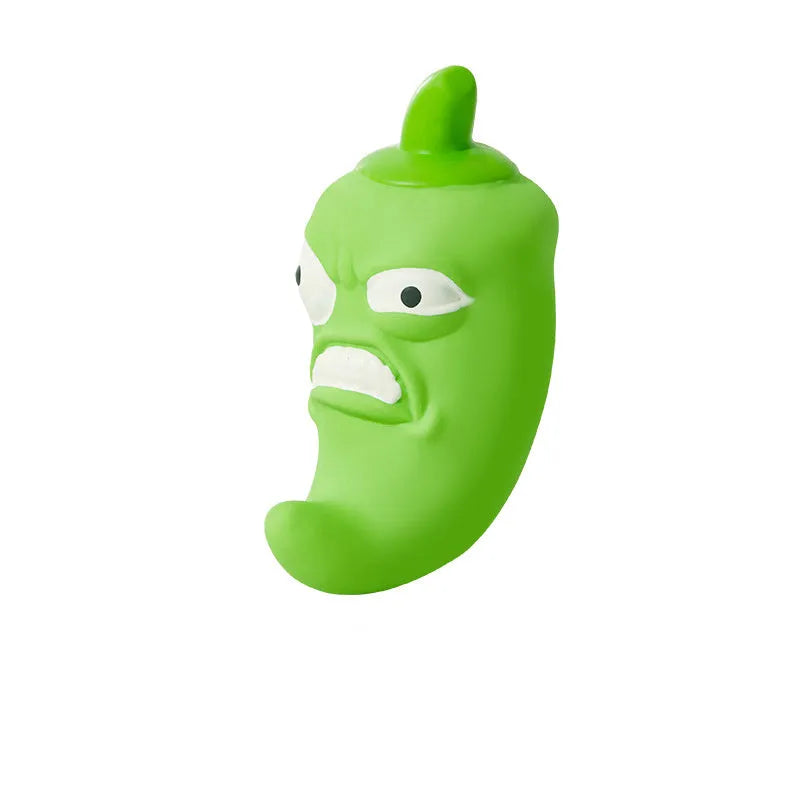 Bitter melon and chili shaped dog toys with textured surfaces for teeth cleaning and built-in sound function