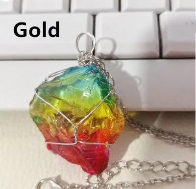 Rainbow quartz crystal necklace with natural rough dyed pendant on alloy chain, blue gold silver colour options