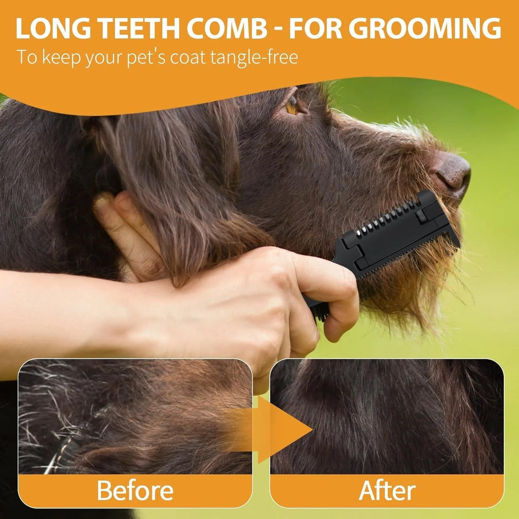 Razor comb for dogs and cats showing comb teeth and built-in blade, with packet of ten spare blades.