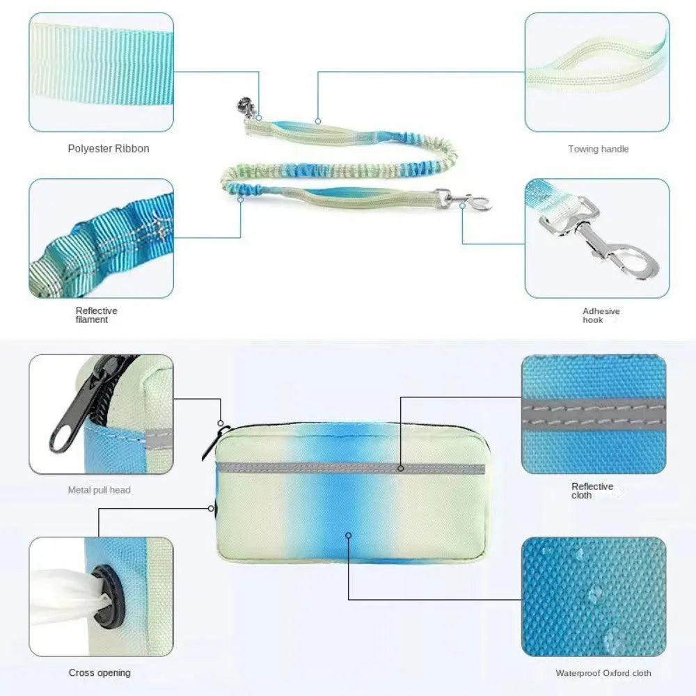 Blue hands-free dog leash with waist belt and reflective elements extended to full length