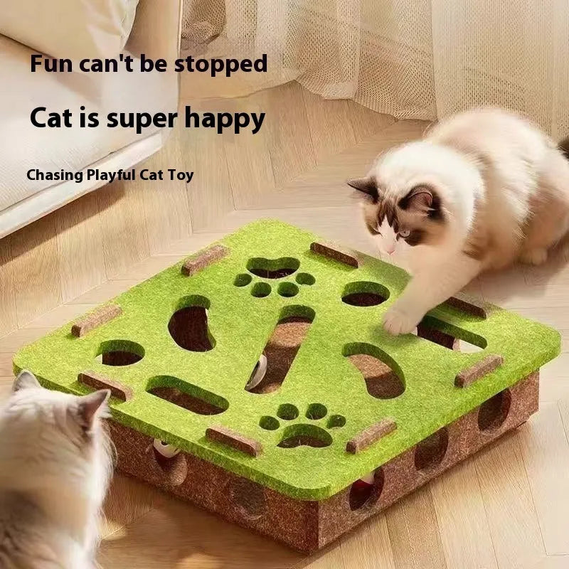 Green brown felt cat toy box with an open interior for scratching and hiding.