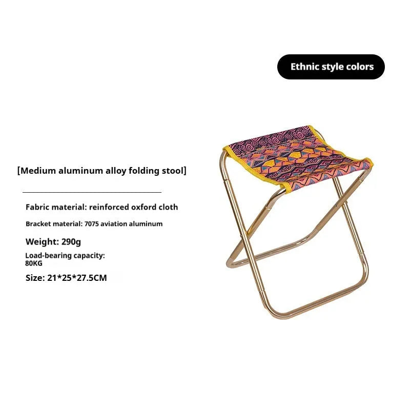 Black folding camping stool with an aluminium alloy frame, shown in a folded and unfolded state.