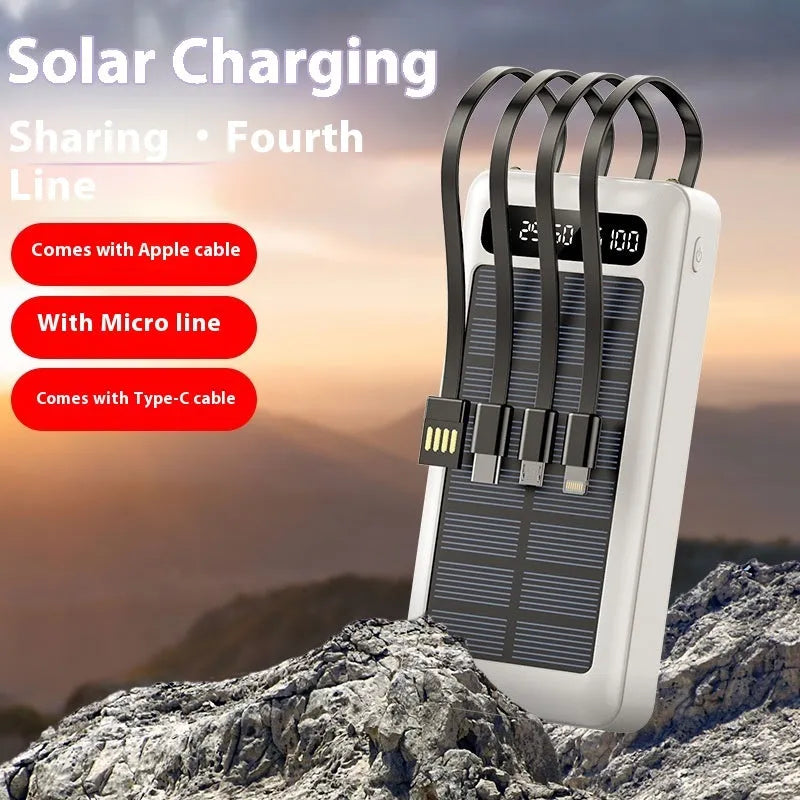 Solar power bank with cable showing 30000 mAh capacity, available in black, white, and green colours