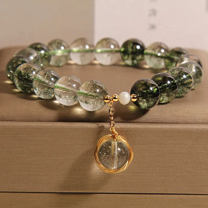 Green phantom quartz crystal bracelet with natural chorite crystals in Japanese Korean style