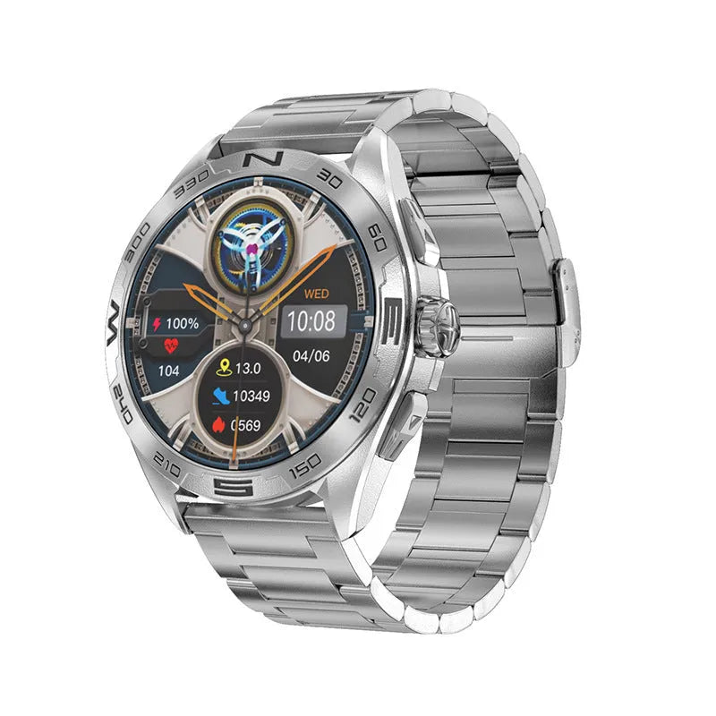 Black smartwatch with health metrics displayed on screen, showing heart rate and blood oxygen readings.