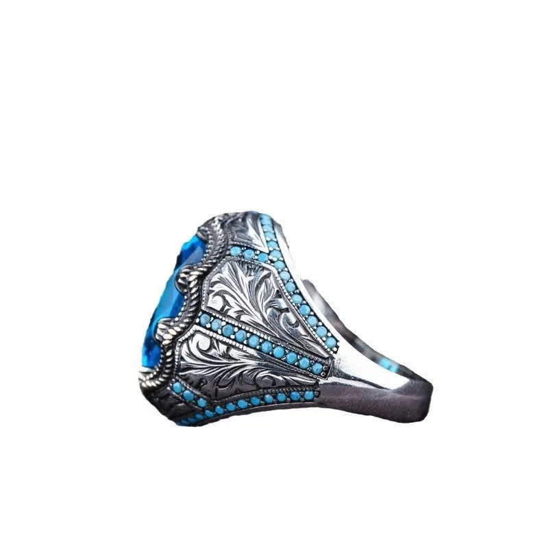 Geometric blue zircon alloy couple ring in antique silver electroplating showing detailed design